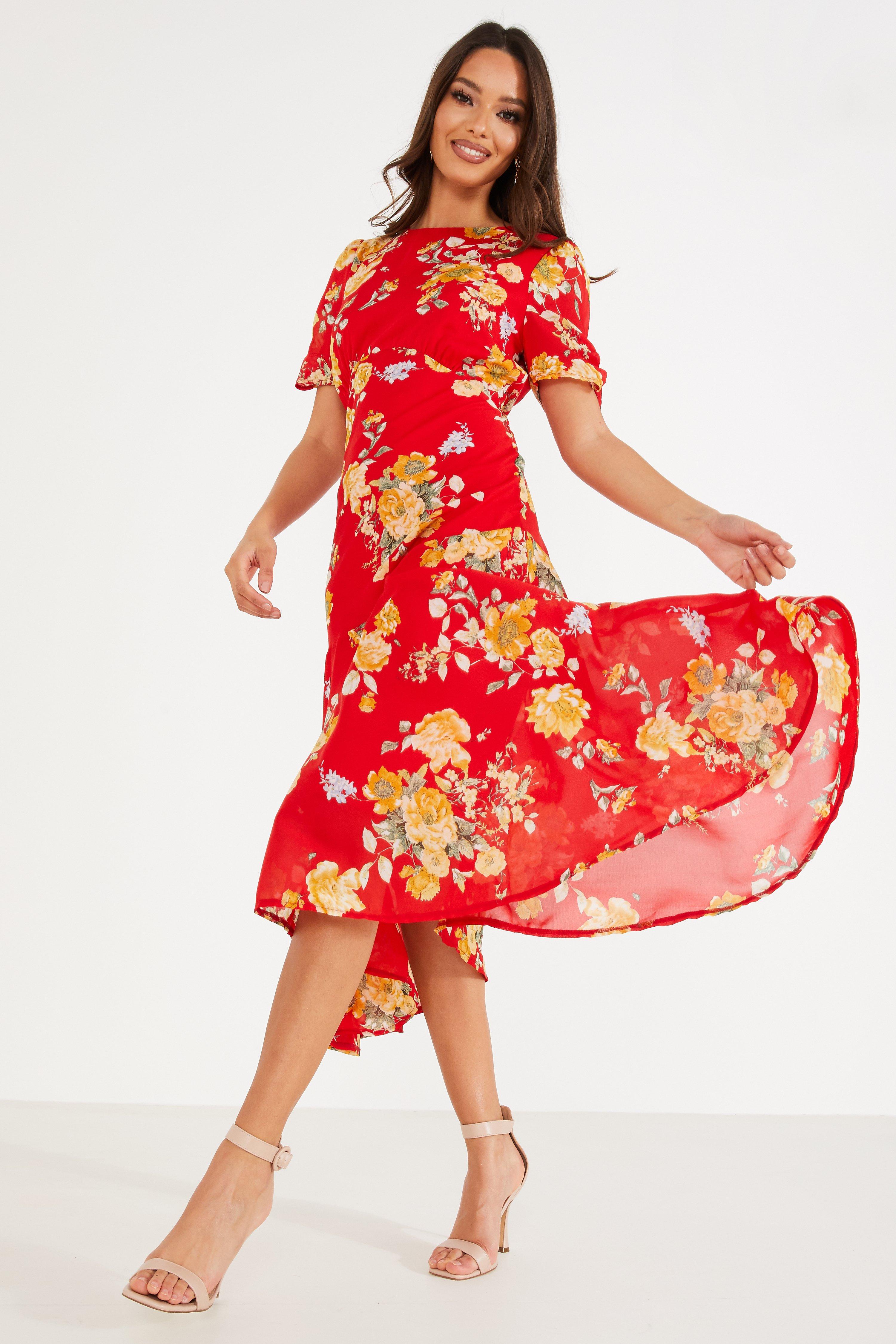 Red Floral Midi Dress - Quiz Clothing
